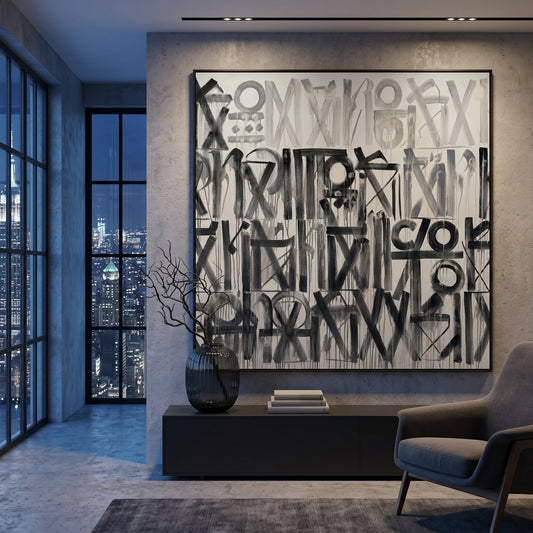 Retna Black Styled in Modern Interior Setting | Abstract Calligraphic Art by Mofisto