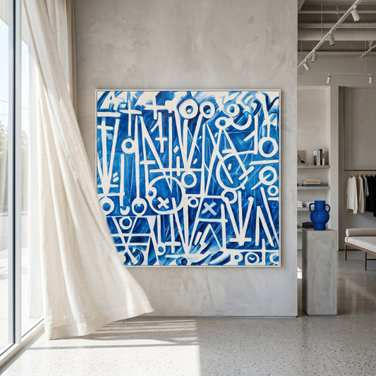 Retna Blue Styled in Modern Interior Setting | Abstract Calligraphic Art by Mofisto
