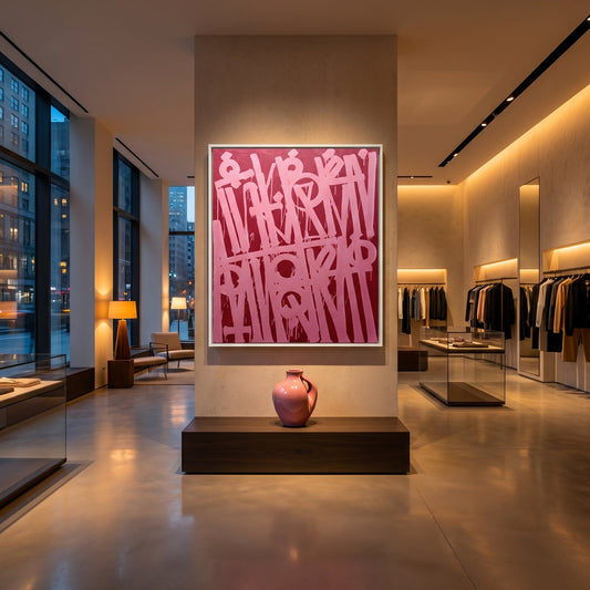 Retna Pink Styled in Modern Interior Setting | Abstract Calligraphic Art by Mofisto