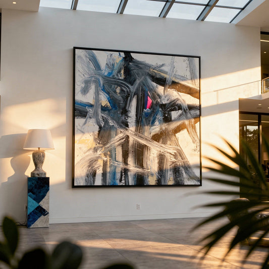 Too Tense in Blue Tents Styled in Modern Interior Setting | Abstract Gestural Art by Mofisto