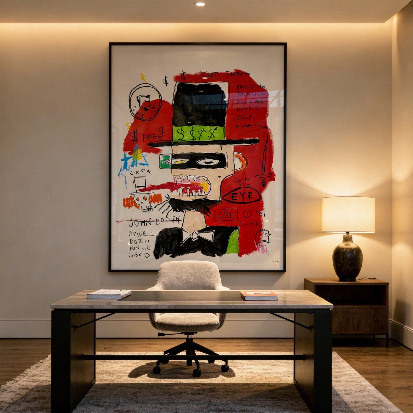 A Lincoln by JMB Homage to Basquiat Styled in Modern Interior Setting | Neo-Expressionist Art by Mofisto
