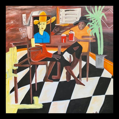 Cowboy in the Corner Original Hand-Painted Artwork | Figurative Cowboy Bar Mixed Media on Canvas | Mofisto