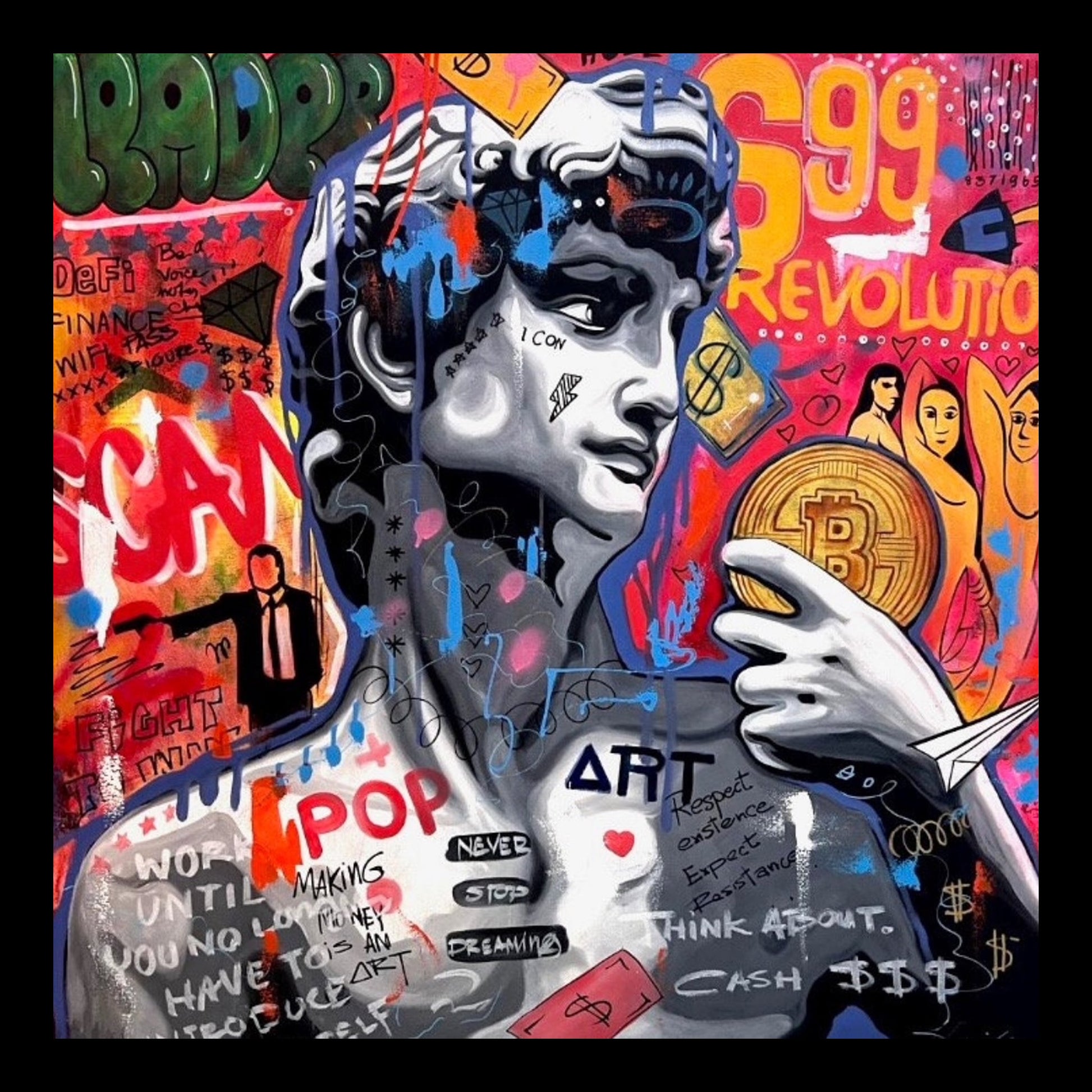 David & Bitcoin Original Hand-Painted Artwork | Figurative Pop Art Mixed Media on Canvas | Mofisto