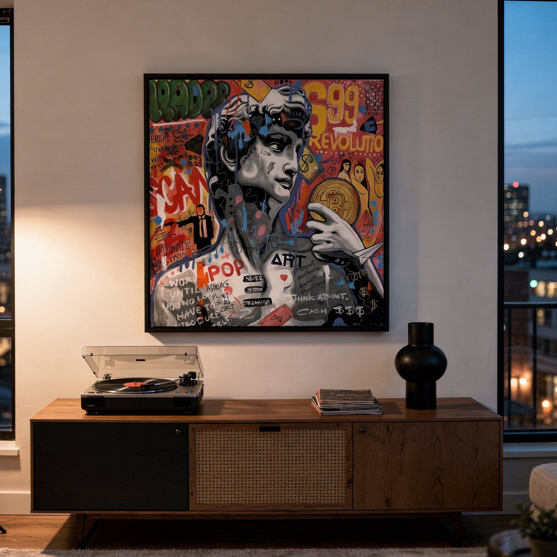 David & Bitcoin Small Format Original Painting | Figurative Pop Art Mixed Media | Mofisto