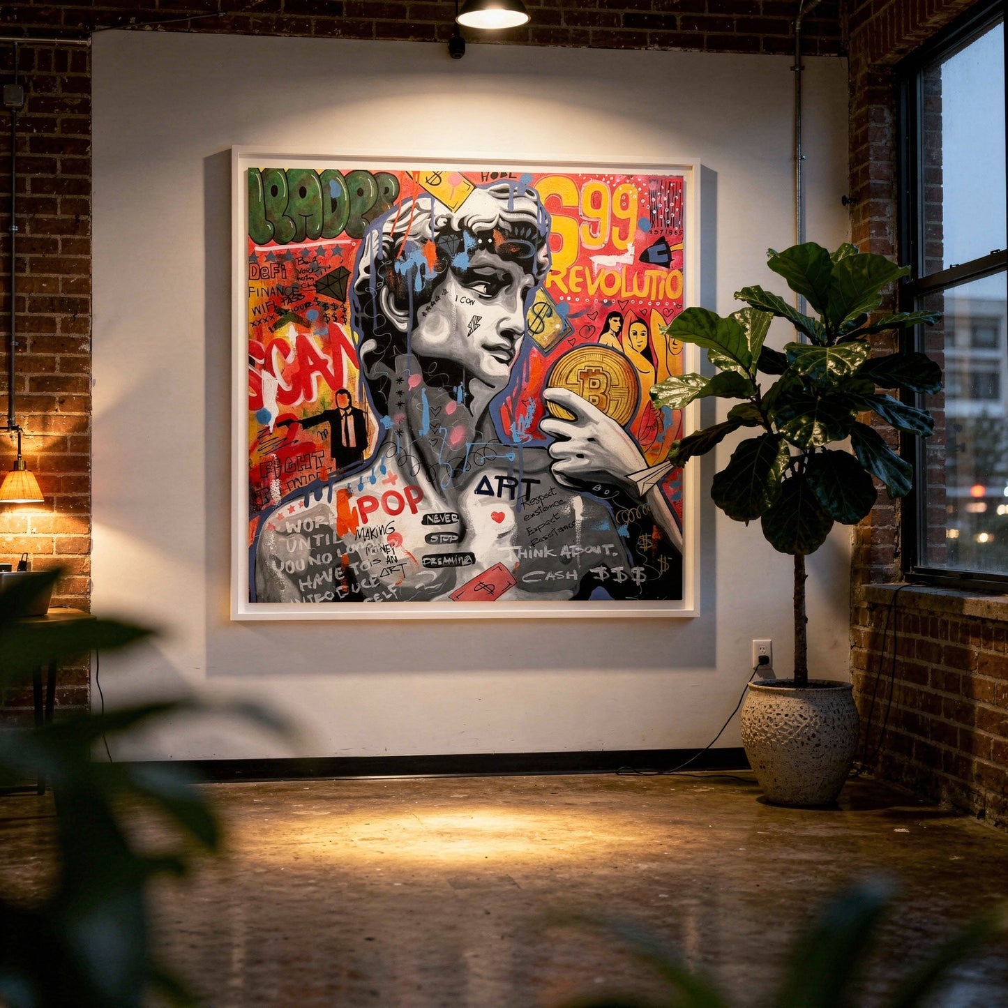 David & Bitcoin Styled in Modern Interior Setting | Figurative Pop Art by Mofisto