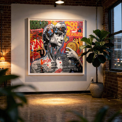 David & Bitcoin Styled in Modern Interior Setting | Figurative Pop Art by Mofisto