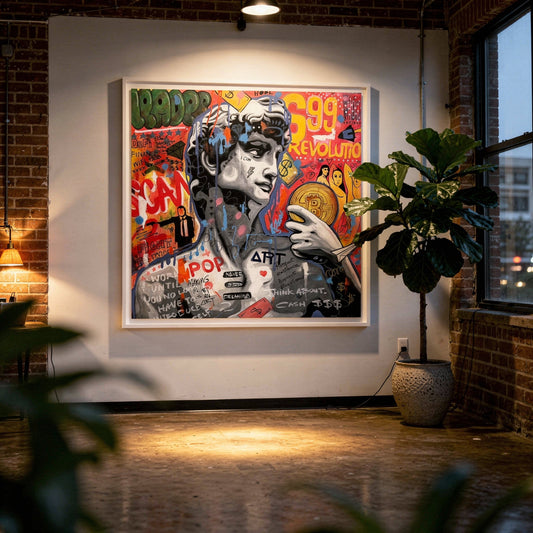 David & Bitcoin Styled in Modern Interior Setting | Figurative Pop Art by Mofisto