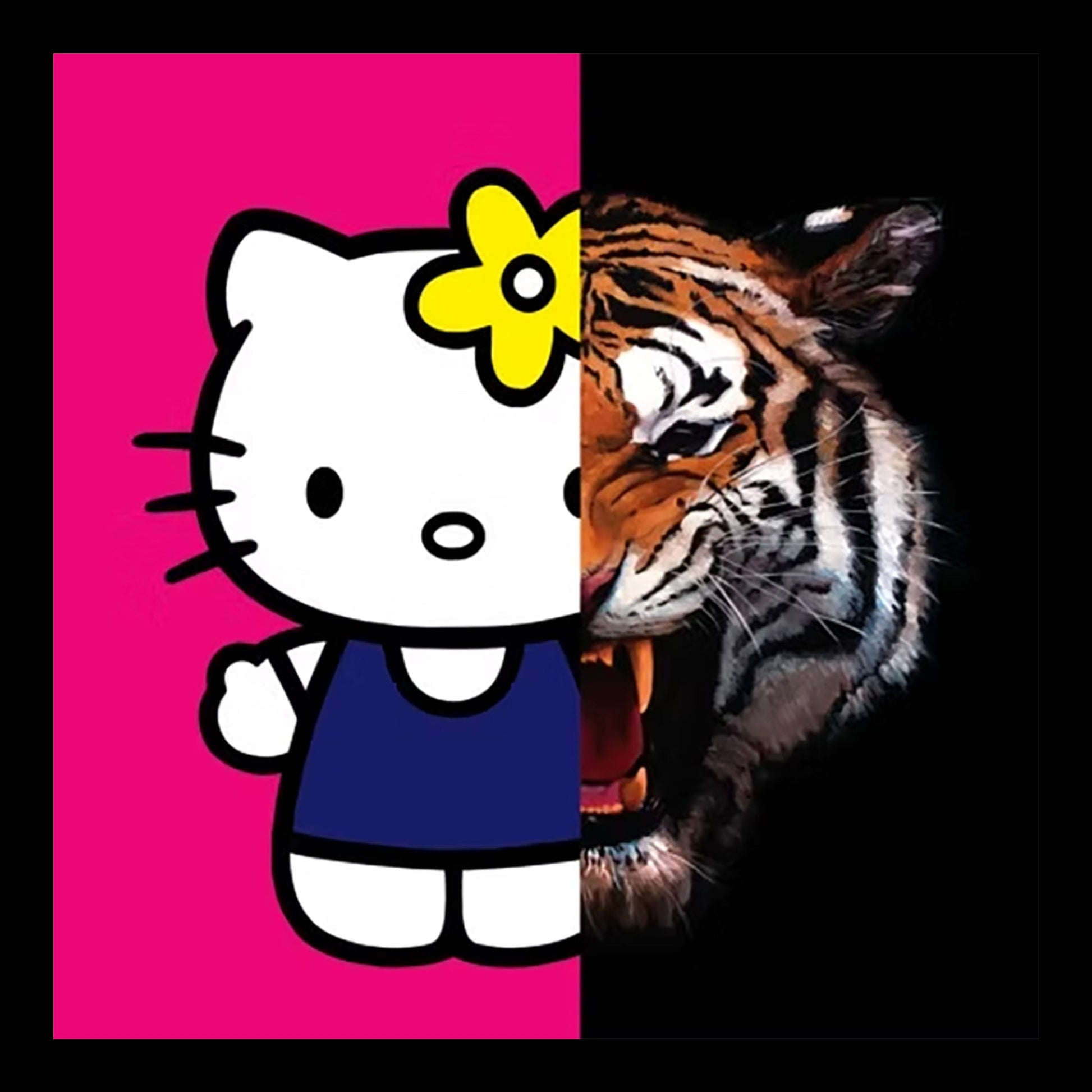 Hello Kitty, Don't Bite the Hand That Feeds You Original Hand-Painted Artwork | Pop Art Tiger Mixed Media on Canvas | Mofisto