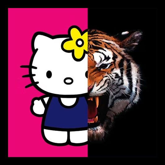 Hello Kitty, Don't Bite the Hand That Feeds You Original Hand-Painted Artwork | Pop Art Tiger Mixed Media on Canvas | Mofisto
