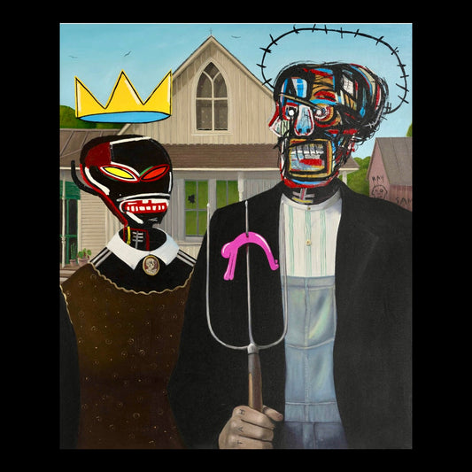 JMB X WOOD (American Gothic) Original Hand-Painted Artwork | Neo-Expressionist Pop Art Portrait Mixed Media on Canvas | Mofisto