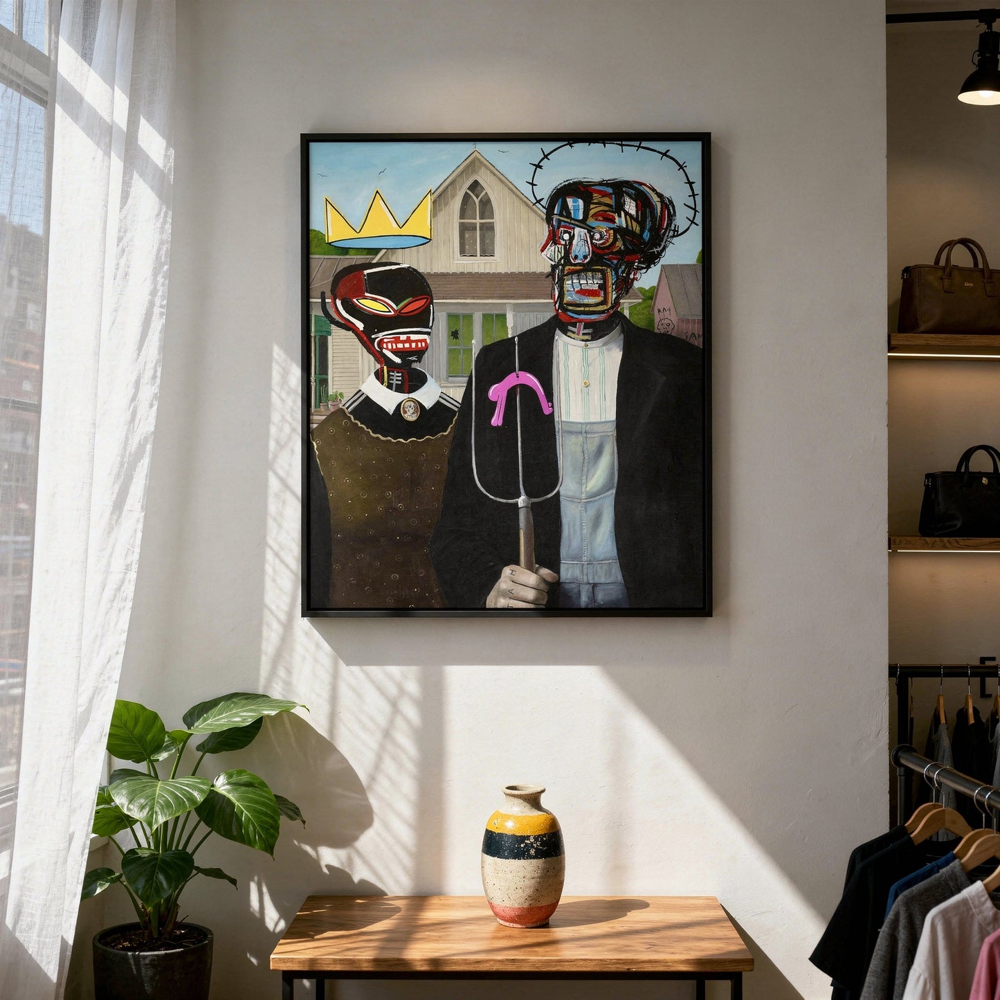 JMB X WOOD (American Gothic) Small Format Original Painting | Neo-Expressionist Mixed Media | Mofisto