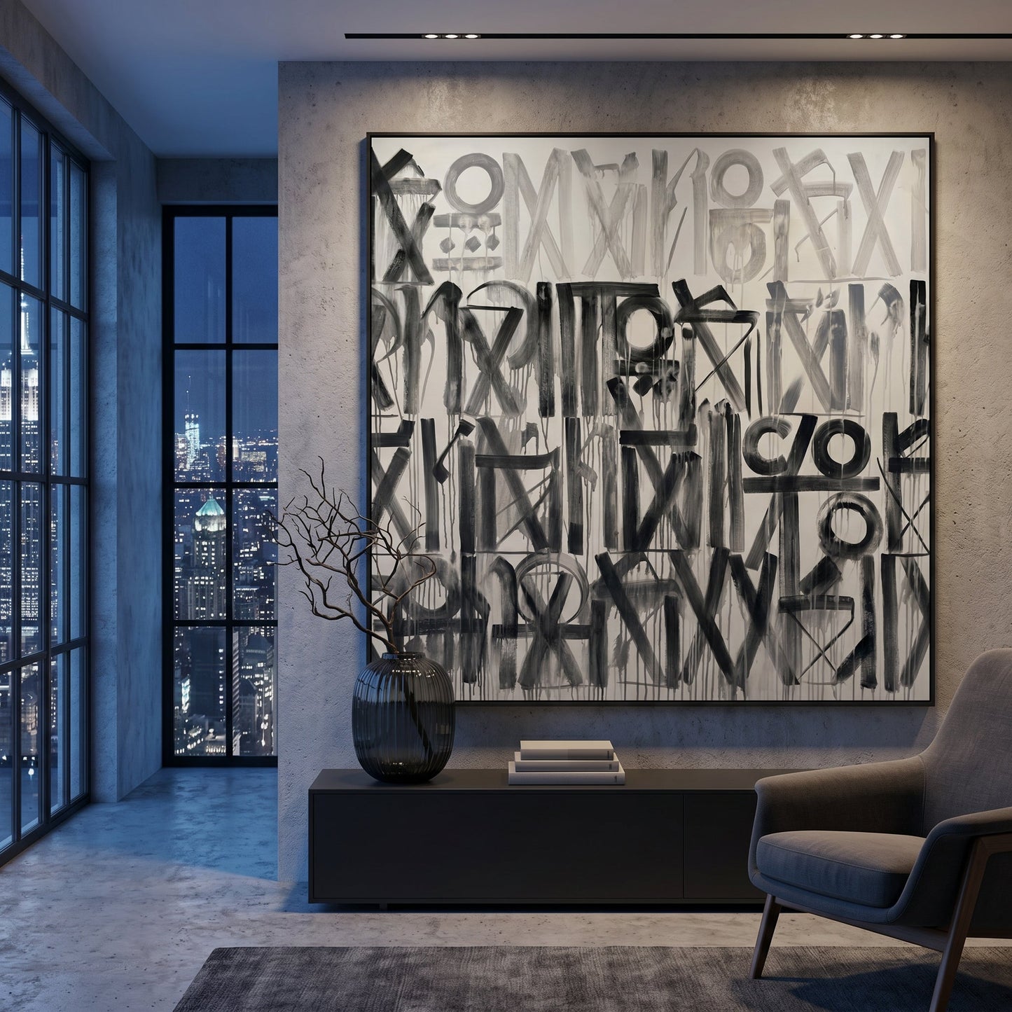 Retna Black Styled in Modern Interior Setting | Abstract Calligraphic Art by Mofisto