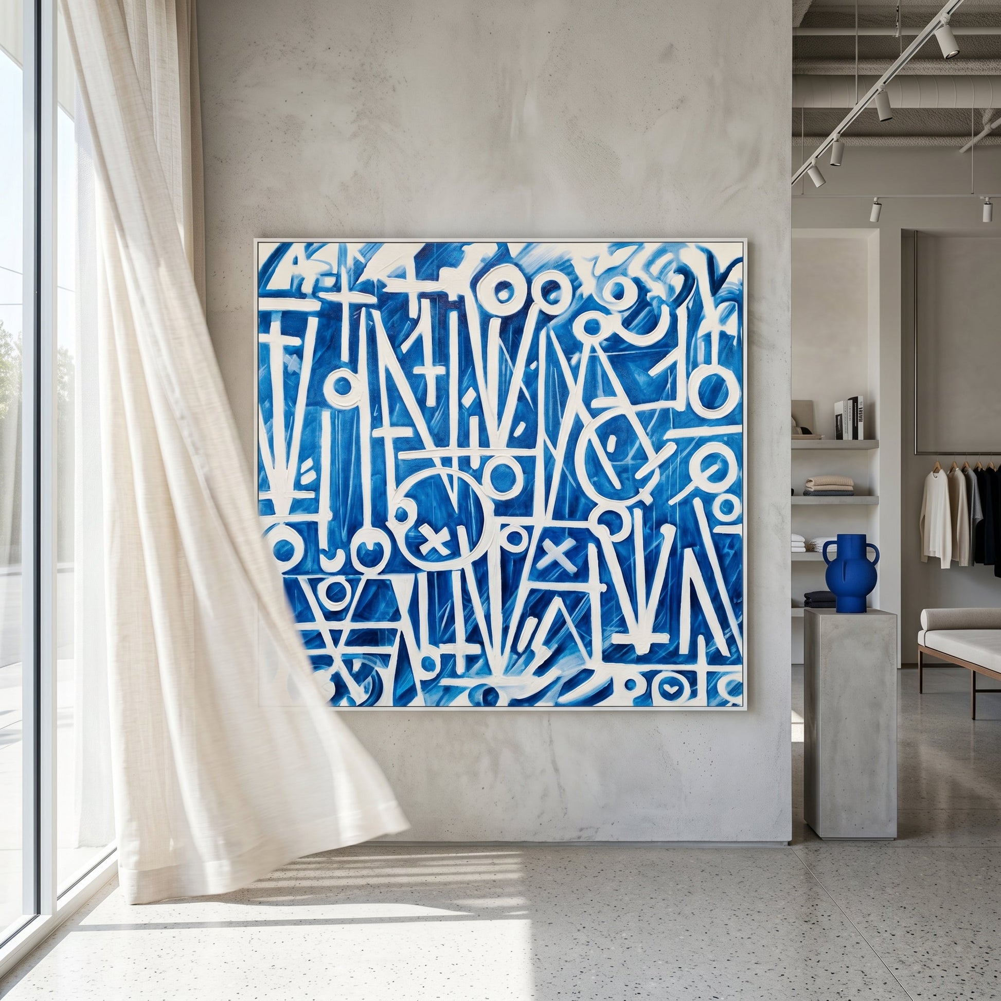 Retna Blue Styled in Modern Interior Setting | Abstract Calligraphic Art by Mofisto