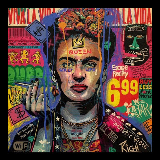 Viva La Frida Original Hand-Painted Artwork | Portrait Street Art Mixed Media on Canvas | Mofisto